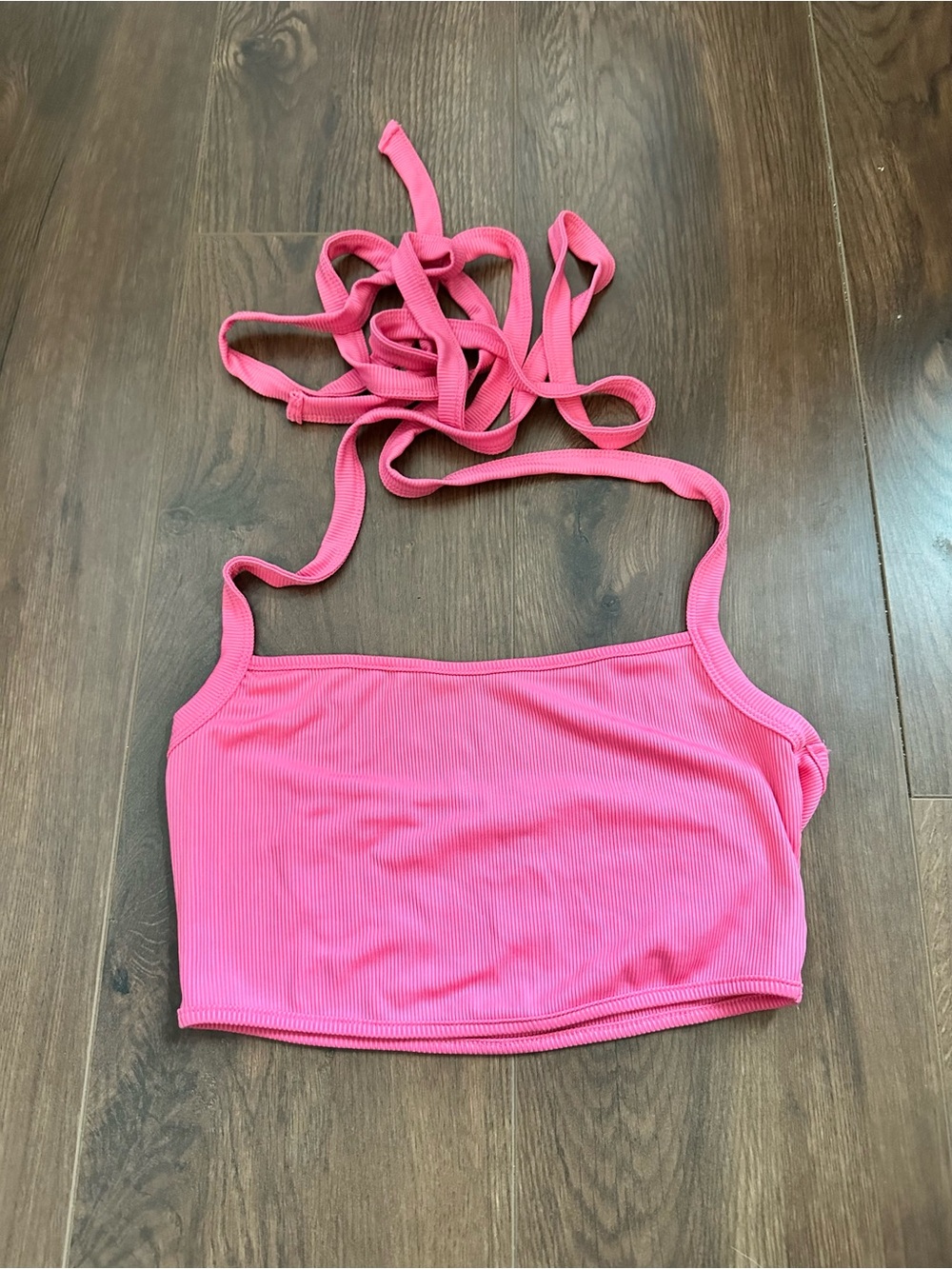 SHEIN Neon Pink Ribbed Halter Tie-Back Crop Top